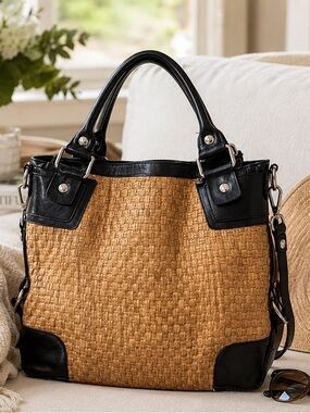 Donald J Pliner Woven Straw Leather Tote Bag Black Trim Boho Casual